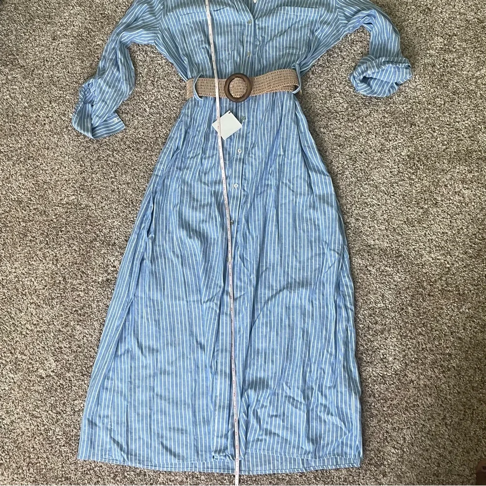 Zara Belted Linen Midi Shirt Dress V-Neck Tab Sleeve Striped Blue White Size XL